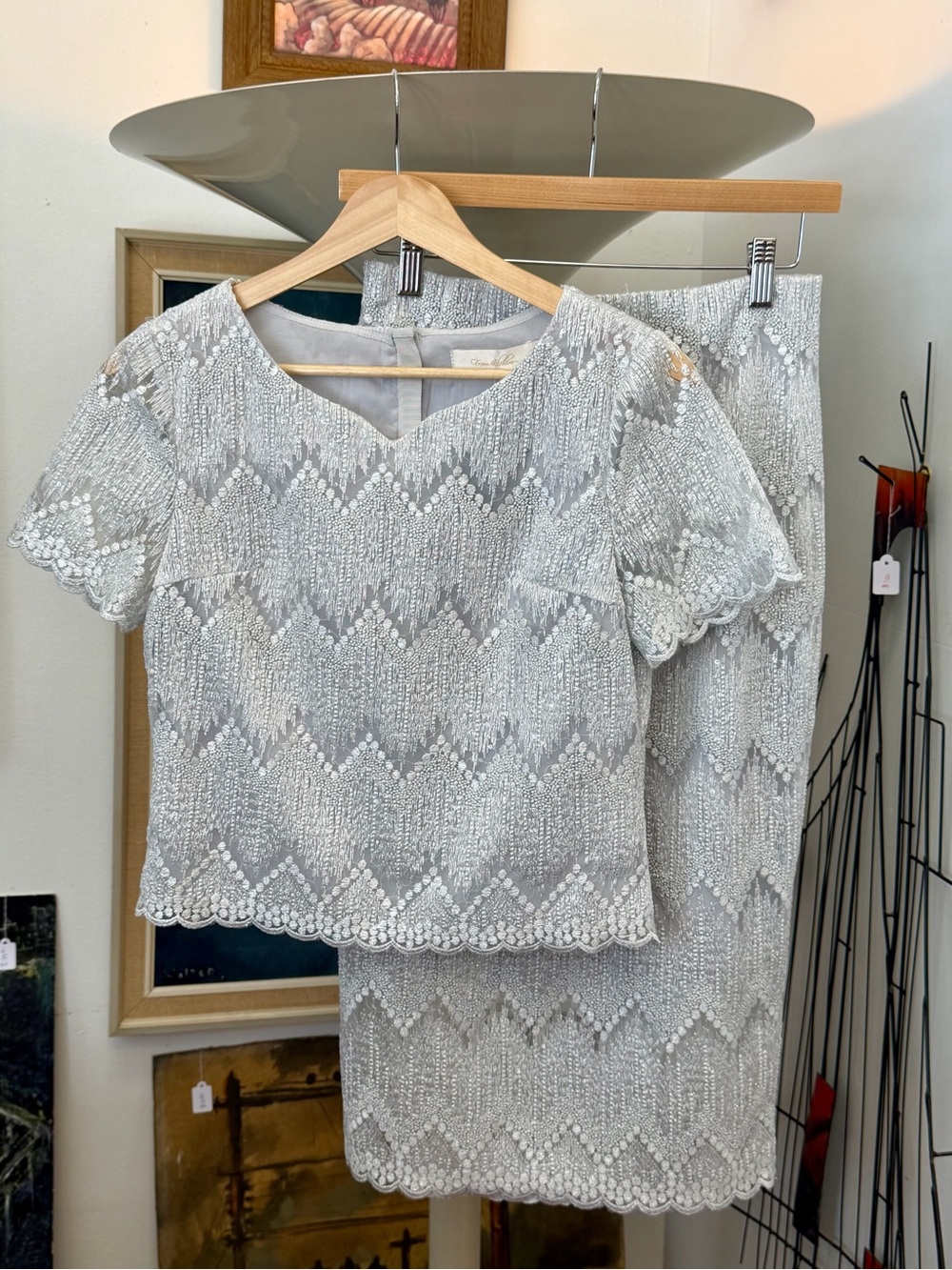 Silver Lace Short-Sleeve Top and Skirt 2 Piece Set - Silver - S